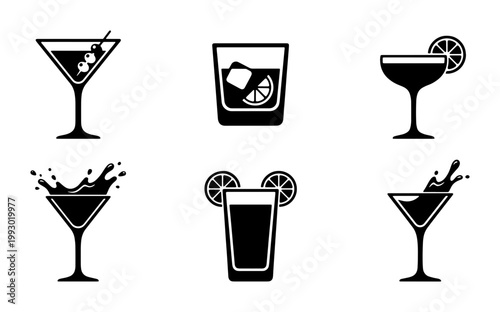 Minimalist cocktail icon set, black silhouette alcoholic beverage symbols, collection of 6 drink glass vectors with citrus garnish and liquid splashes