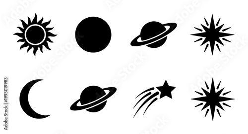 Fotografija Minimalist celestial icon set, black silhouette space symbols including sun moon