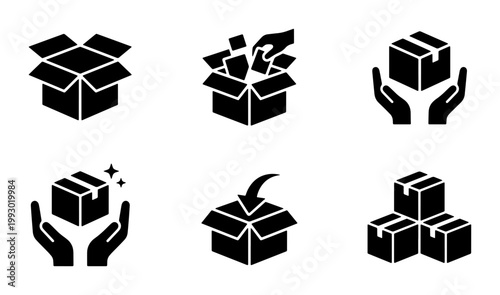 Logistic shipping box icons set, black cardboard package vector elements, delivery service and warehouse storage symbols for ecommerce
