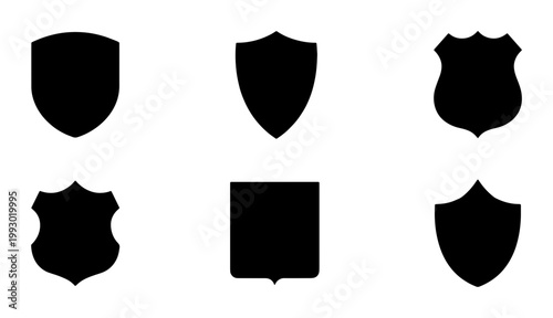 Black shield silhouette collection, set of 6 heraldic shield icons, minimalist security and protection badge symbols, flat vector shield shapes