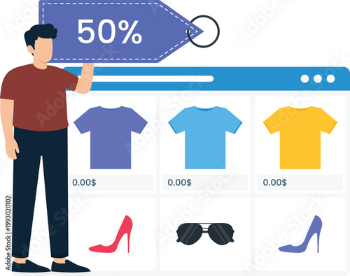 Man holding discount tag online shopping e-commerce web store retail promotion digital marketing flat design consumer electronics fifty percent off sale