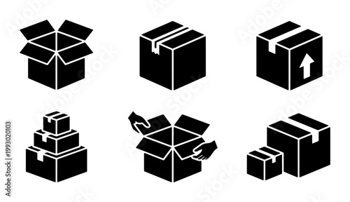 Cardboard box icons set, black delivery package vector symbols, 6 shipping and logistics icons for e-commerce, warehouse storage and moving service