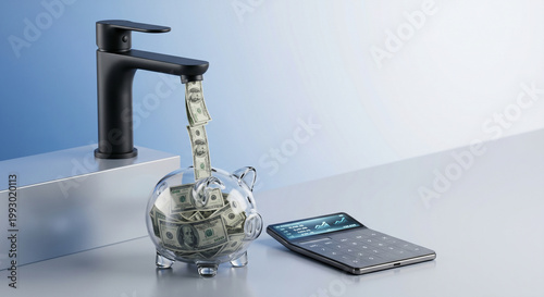 Creative concept of money flowing from a black faucet into a glass piggy bank with a digital calculator.