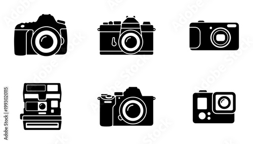 Vintage and modern camera icons set, 6 black silhouette photography equipment vectors, retro film and digital DSLR camera symbols for web design