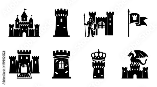 Medieval castle icons set, black silhouette fortress and knight symbols, 8 vector elements of fantasy kingdom architecture and heraldry