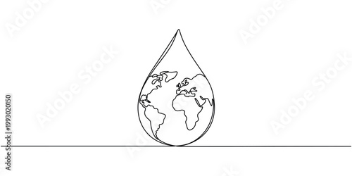 Black line of map inside water drop line black and white globe earth in white background