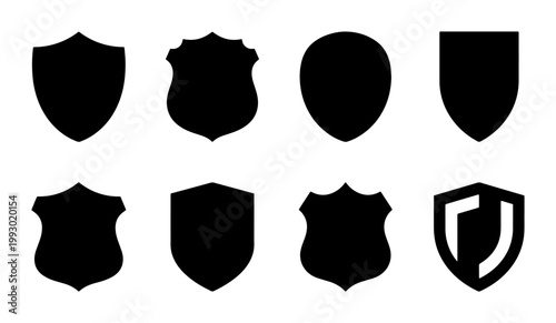 Shield silhouette icons set, 8 black heraldic crest shapes, security and protection vector symbols, minimalist emblem templates for logo design
