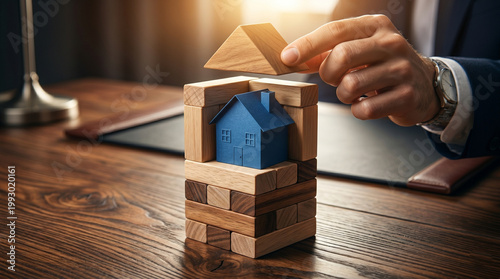 Businessman building a wooden block shelter to protect a blue miniature house on a desk, real estate security concept.