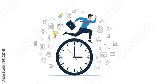 Determined businessman running on top of a giant clock surrounded by various business and productivity icons representing a time race.
