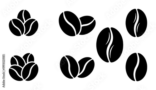 Minimalist coffee bean icons set, black roasted coffee seed silhouettes, organic espresso bean vector graphics for cafe branding and menu design
