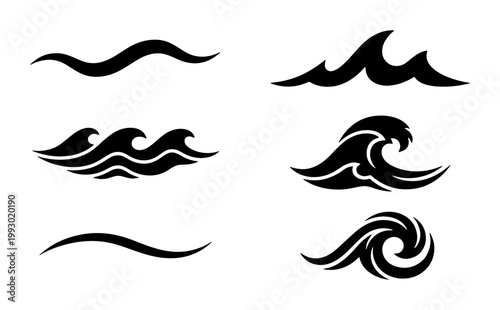 Minimalist ocean wave icons set, black sea surf ripples vector collection, stylized water splash and tide symbols for logo design and branding