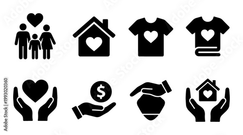 Charity and donation icon set, 8 black vector symbols for non-profit organizations, humanitarian aid and community support graphics