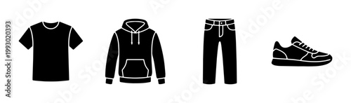 Casual clothing icons set, black silhouette apparel vector elements, minimalist fashion outfit symbols including t-shirt, hoodie, pants, and sneaker