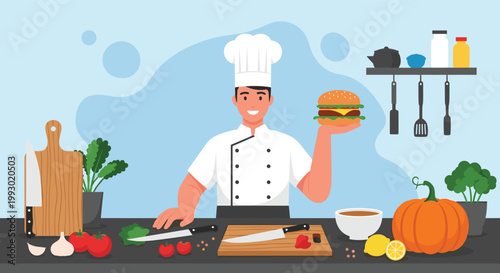 Professional chef in uniform standing behind a kitchen counter holding a delicious hamburger with fresh organic vegetables.