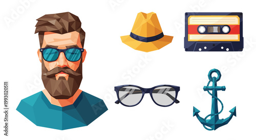 Low poly geometric art portraits of a bearded man with sunglasses and accessories like a hat, glasses, and a nautical anchor.