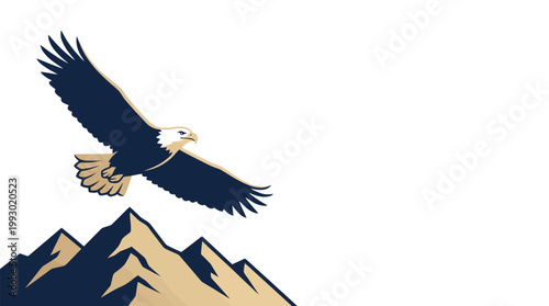 A majestic bald eagle with dark blue wings and a white head soars gracefully above stylized brown and blue mountain peaks against a clean white background.