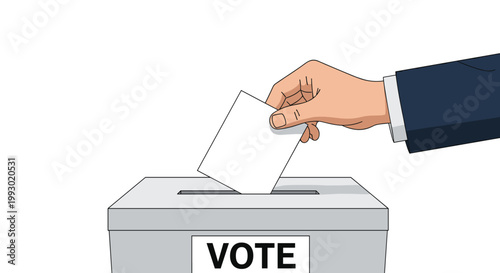 Close-up illustration of a professional person hand inserting a white ballot paper into a grey voting box labeled VOTE for elections.