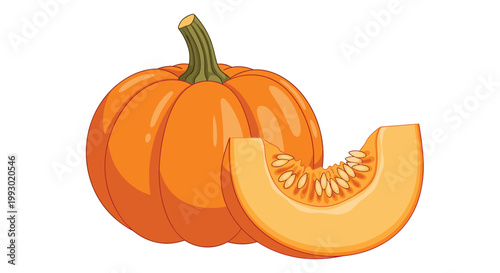 Ripe whole orange pumpkin with a fresh slice showing seeds and pulp against a white background for autumn harvest themes.