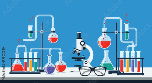 Fully equipped science laboratory featuring a microscope, test tubes, and flasks with colorful liquids for research.