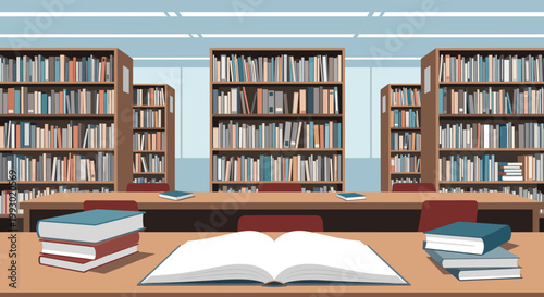 Quiet library interior featuring many wooden bookshelves filled with colorful books and empty study tables for learning.