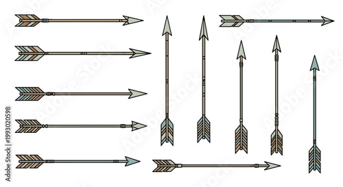 Artistic collection of various wooden arrows with different feather fletching and stone tips arranged horizontally and vertically on a white surface.