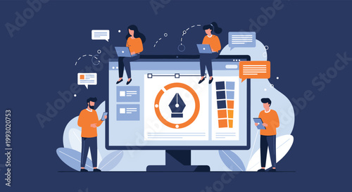 Small team of designers working around a large computer screen to create a professional graphic design using modern digital tools.