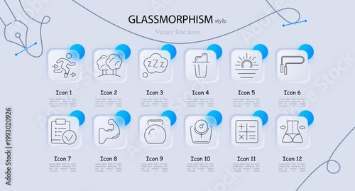 Daily life activity lifestyle set icon. Line symbols with running person arrows, trees park landscape, sleep cloud zzz, trash bin, sunrise horizon, pipe bend connector, checklist document, flex muscle