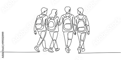 Four students walking together wearing backpacks in continuous line style friends group