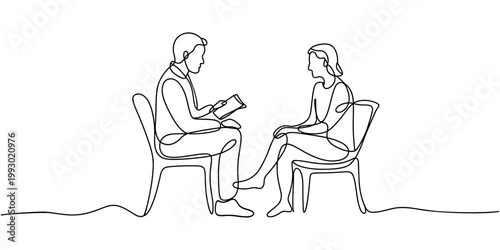 One line of a man and woman in chairs during a counseling session one line continuous line therapy mental health