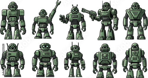 Robot Character Icon Set Featuring Various Designs and Poses for Sci-Fi, Gaming, and Digital Media Projects
