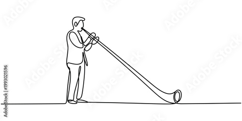 Single line of a man playing a long traditional horn musician long horn traditional instrument