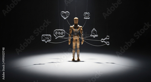 Wooden mannequin controlled by strings connected to social media icons symbolizing online addiction and digital manipulation influencing life decisions.