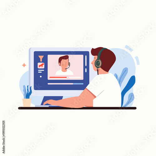 Young Man Video Editor Working with Headphones on Computer Video Production - Vector Illustration