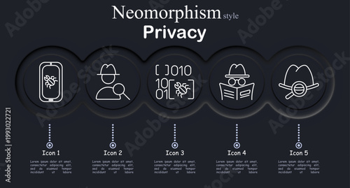 Privacy set icon. Neomorphic circular interface line icons with smartphone screen bug symbol, detective magnifier search, binary code panel bug detection, undercover agent reading newspaper