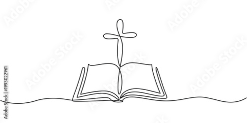 Single line of an open book with a cross emerging from its pages Christian religion faith in white background