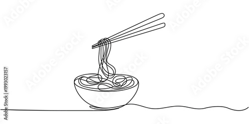 Single line of noodles being lifted by chopsticks from a bowl food asian food in white background
