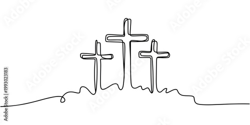 Three black continuous line crosses on a white background christianity religion symbol