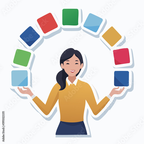 Woman Juggling Colorful Squares