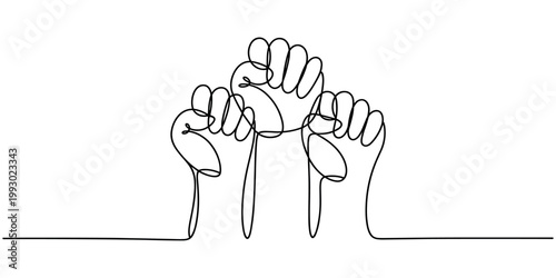 Three black line fists raised in unity against a white background raised fist strength power