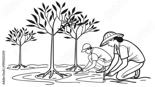 People planting saplings near trees in a watery environment, promoting conservation and growth.