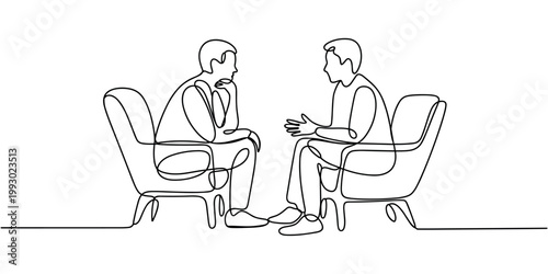 Two men sitting in chairs talking one with hand on chin one gesturing with hands one line two people