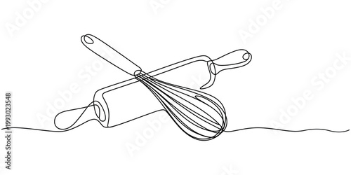 Whisk and rolling pin kitchen utensils in continuous line style line continuous line black and white