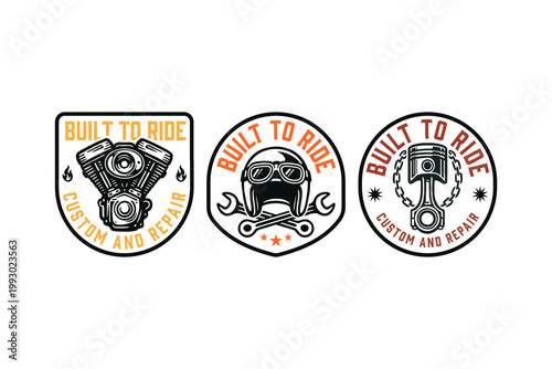 Motorcycle club with engine, helmet, and piston retro badge logo design set for repair. Custom garage vintage patch sticker pack with helmet, screwdriver, engine, piston. Vector Illustration