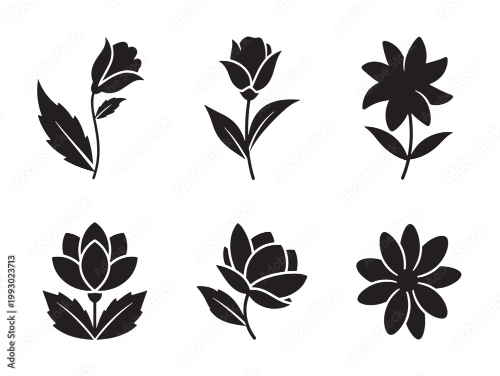 Fototapeta premium Six elegant black floral silhouette vector illustrations with leaves, flat design