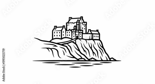 A black and white line drawing of a castle perched atop a rocky cliff overlooking water