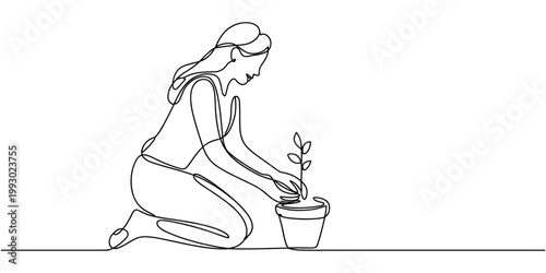 Woman kneels planting seedling in pot with one hand line one line continuous line kneeling in white background