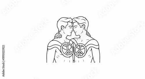 Two men embracing, each with a peace symbol on their chest