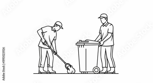 Two workers in caps and boots collect trash with a shovel and wheel a bin