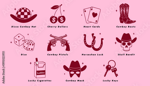 A collection of twelve stylized, line-art icons set against a light pink background, blending Western cowgirl aesthetics with retro "Vegas" or outlaw themes.