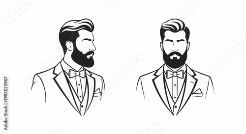 Two illustrated men in formal suits with bow ties and beards